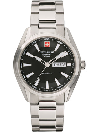 Angle shot of Swiss Alpine Military 7090.2137 Black Dial Silver Stainless Steel Unisex Watch on white background