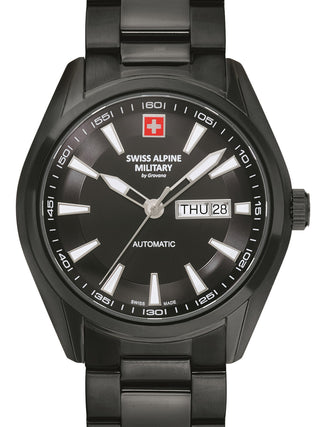 Front view of Swiss Alpine Military 7090.2177 Black Stainless Steel Unisex Watch on white background