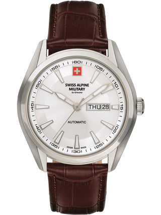 Angle shot of Swiss Alpine Military 7090.2532 Silver Dial Brown Leather Unisex Watch on white background