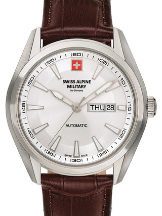 Front view of Swiss Alpine Military 7090.2532 Silver Dial Brown Leather Unisex Watch on white background
