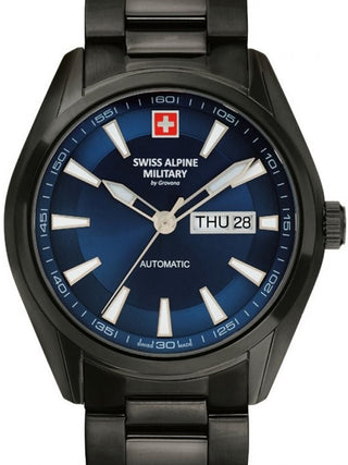 Front view of Swiss Alpine Military 7090.2175 Blue Dial Black Stainless Steel Unisex Watch on white background