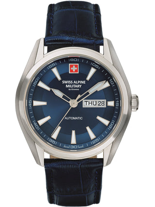 Angle shot of Swiss Alpine Military 7090.2535 Blue Leather Unisex Watch on white background