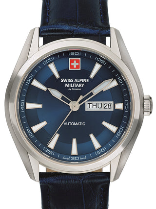 Front view of Swiss Alpine Military 7090.2535 Blue Leather Unisex Watch on white background