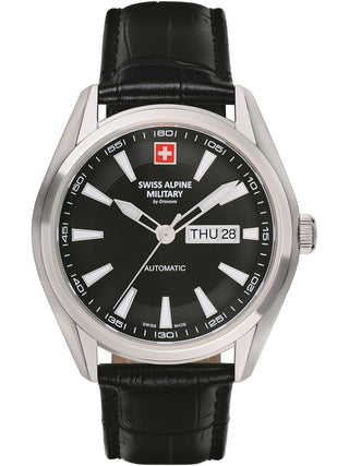 Angle shot of Swiss Alpine Military 7090.2537 Black Leather Unisex Watch on white background