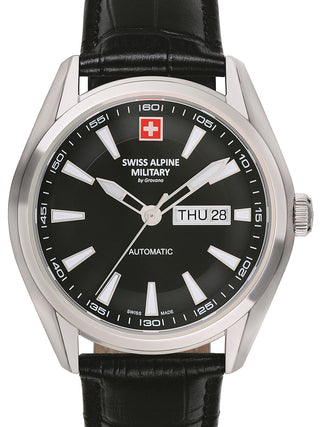Front view of Swiss Alpine Military 7090.2537 Black Leather Unisex Watch on white background