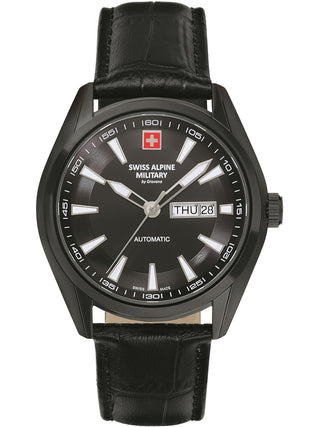 Angle shot of Swiss Alpine Military 7090.2577 Black Leather Unisex Watch on white background