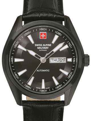 Front view of Swiss Alpine Military 7090.2577 Black Leather Unisex Watch on white background