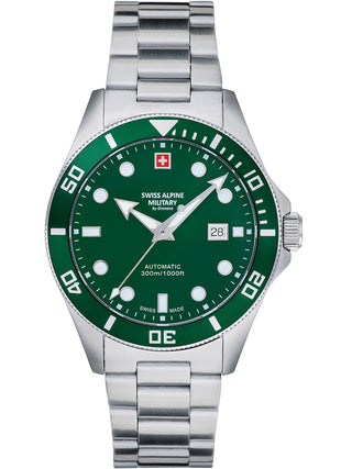 Angle shot of Swiss Alpine Military 7095.2134 Green Dial Silver Stainless Steel Unisex Watch on white background