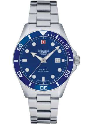 Angle shot of Swiss Alpine Military 7095.2135 Blue Dial Silver Stainless Steel Unisex Watch on white background