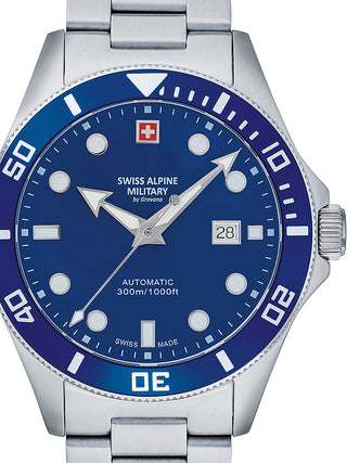 Front view of Swiss Alpine Military 7095.2135 Blue Dial Silver Stainless Steel Unisex Watch on white background