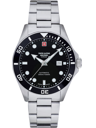Angle shot of Swiss Alpine Military 7095.2137 Black Dial Silver Stainless Steel Unisex Watch on white background