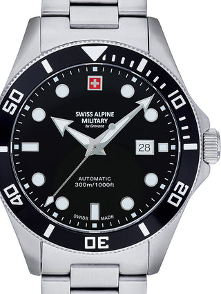 Front view of Swiss Alpine Military 7095.2137 Black Dial Silver Stainless Steel Unisex Watch on white background