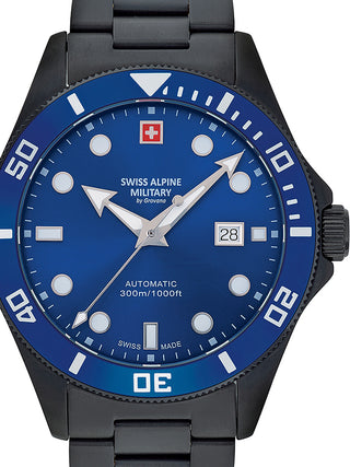 Front view of Swiss Alpine Military 7095.2175 Blue Dial Black Stainless Steel Unisex Watch on white background
