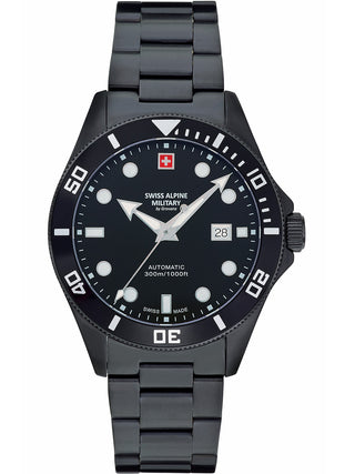 Angle shot of Swiss Alpine Military 7095.2177 Black Stainless Steel Unisex Watch on white background