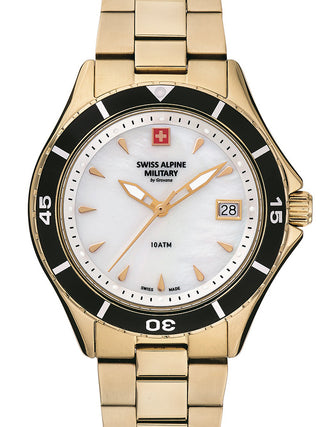 Front view of Swiss Alpine Military 7740.1113 Mother Of Pearl Dial Gold Stainless Steel Womens Watch on white background