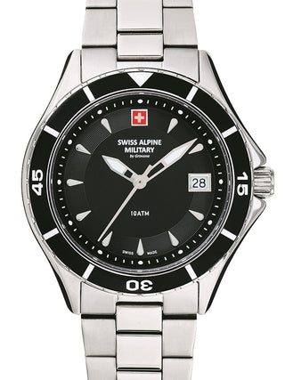 Front view of Swiss Alpine Military 7740.1137 Black Dial Silver Stainless Steel Womens Watch on white background