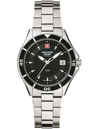 Angle shot of Swiss Alpine Military 7740.1137 Black Dial Silver Stainless Steel Womens Watch on white background