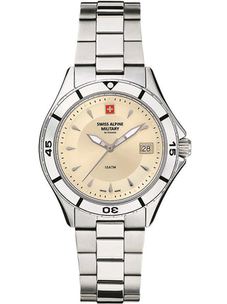 Angle shot of Swiss Alpine Military 7740.1138 Silver Stainless Steel Womens Watch on white background