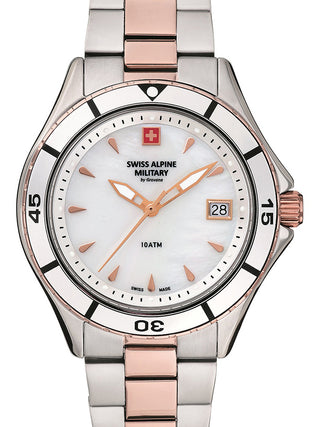 Front view of Swiss Alpine Military 7740.1153 Mother Of Pearl Dial Rose Gold Stainless Steel Womens Watch on white background