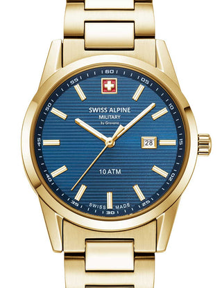 Front view of Swiss Alpine Military 7767.1115 Blue Dial Gold Stainless Steel Womens Watch on white background