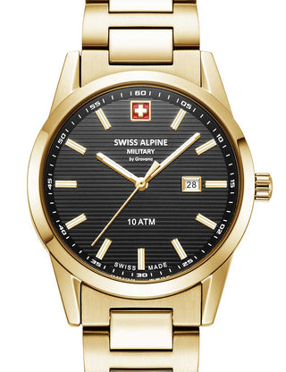 Front view of Swiss Alpine Military 7767.1117 Black Dial Gold Stainless Steel Womens Watch on white background