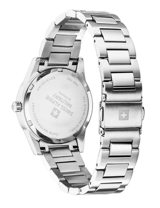Angle shot of Swiss Alpine Military 7767.1131 Blue Dial Silver Stainless Steel Womens Watch on white background
