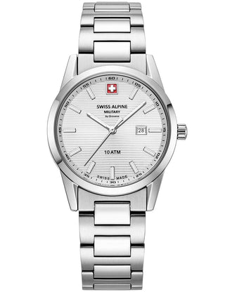 Angle shot of Swiss Alpine Military 7767.1132 Silver Stainless Steel Womens Watch on white background