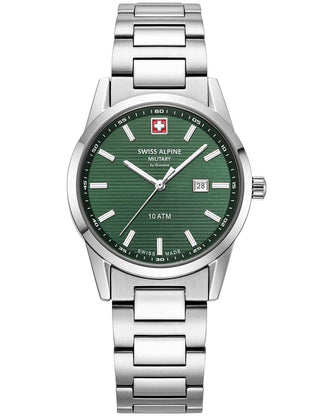 Angle shot of Swiss Alpine Military 7767.1134 Green Dial Silver Stainless Steel Womens Watch on white background