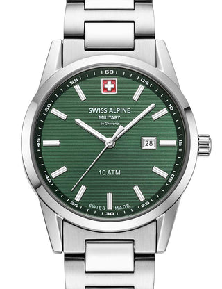 Front view of Swiss Alpine Military 7767.1134 Green Dial Silver Stainless Steel Womens Watch on white background