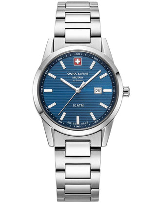 Angle shot of Swiss Alpine Military 7767.1135 Blue Dial Silver Stainless Steel Womens Watch on white background