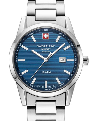 Front view of Swiss Alpine Military 7767.1135 Blue Dial Silver Stainless Steel Womens Watch on white background