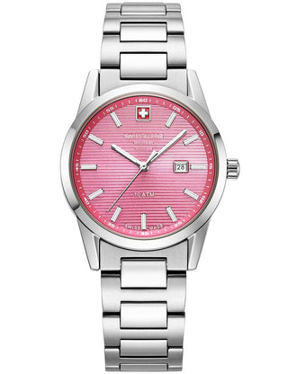 Angle shot of Swiss Alpine Military 7767.1136 Pink Dial Silver Stainless Steel Womens Watch on white background