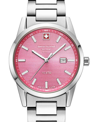 Front view of Swiss Alpine Military 7767.1136 Pink Dial Silver Stainless Steel Womens Watch on white background