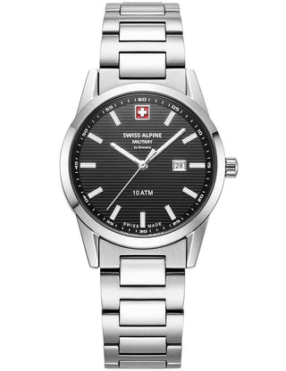 Angle shot of Swiss Alpine Military 7767.1137 Black Dial Silver Stainless Steel Womens Watch on white background