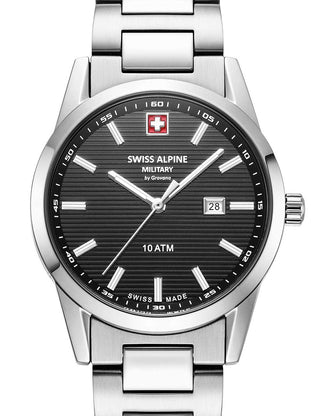 Front view of Swiss Alpine Military 7767.1137 Black Dial Silver Stainless Steel Womens Watch on white background