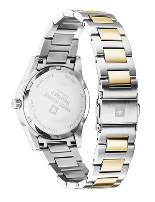 Angle shot of Swiss Alpine Military 7767.1141 Gold Stainless Steel Womens Watch on white background