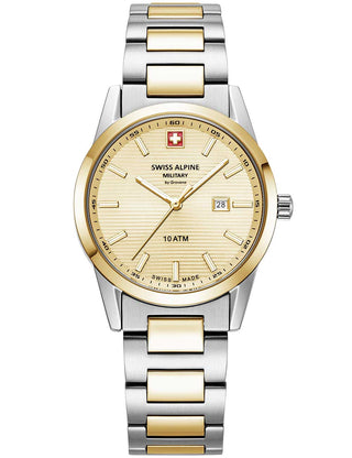 Angle shot of Swiss Alpine Military 7767.1141 Gold Stainless Steel Womens Watch on white background