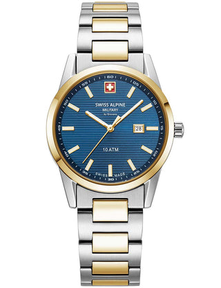 Angle shot of Swiss Alpine Military 7767.1145 Blue Dial Gold Stainless Steel Womens Watch on white background