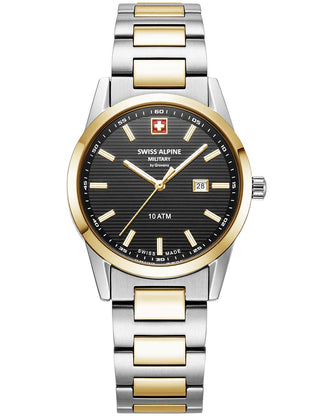 Angle shot of Swiss Alpine Military 7767.1147 Black Dial Gold Stainless Steel Womens Watch on white background