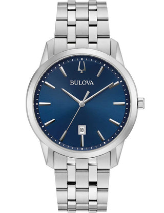 Front view of Bulova 96B338 Blue Dial Silver Stainless Steel Unisex Watch on white background