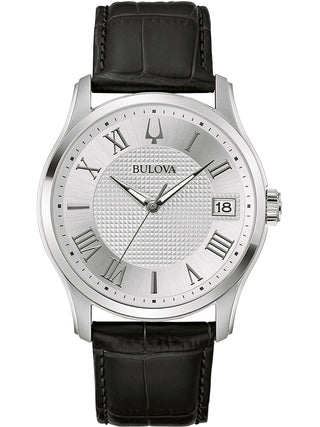 Front view of Bulova 96B388 Silver Dial Black Leather Unisex Watch on white background