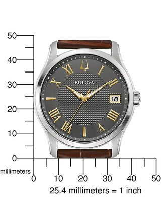 Angle shot of Bulova 96B389 Grey Dial Brown Leather Unisex Watch on white background