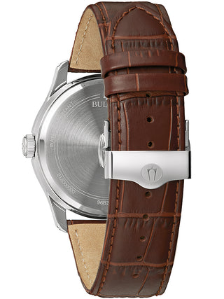 Angle shot of Bulova 96B389 Grey Dial Brown Leather Unisex Watch on white background