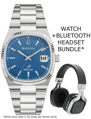 Front view of Bulova 96B440 Blue Dial Silver Stainless Steel Unisex Watch on white background