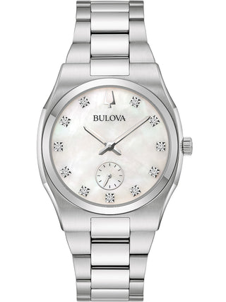 Front view of Bulova 96P242 Mother Of Pearl Dial Silver Stainless Steel Womens Watch on white background