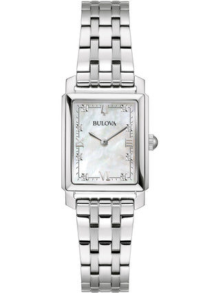 Front view of Bulova 96P244 Mother Of Pearl Dial Silver Stainless Steel Womens Watch on white background