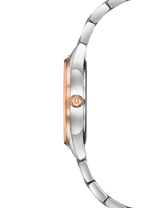 Angle shot of Bulova Sutton 98P183 White Dial Rose Gold Stainless Steel Womens Watch on white background