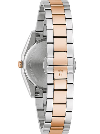 Angle shot of Bulova 98P207 Mother Of Pearl Dial Rose Gold Stainless Steel Womens Watch on white background