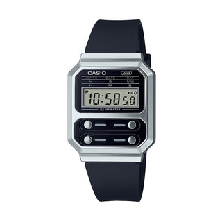 Front view of Casio Retro Vintage A100WEF-1AEF Black Rubber Unisex Watch on white background