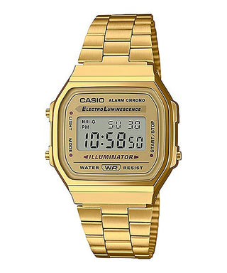 Front view of Casio Vintage Iconic Gold A168WG-9WDF Mens Watch on white background